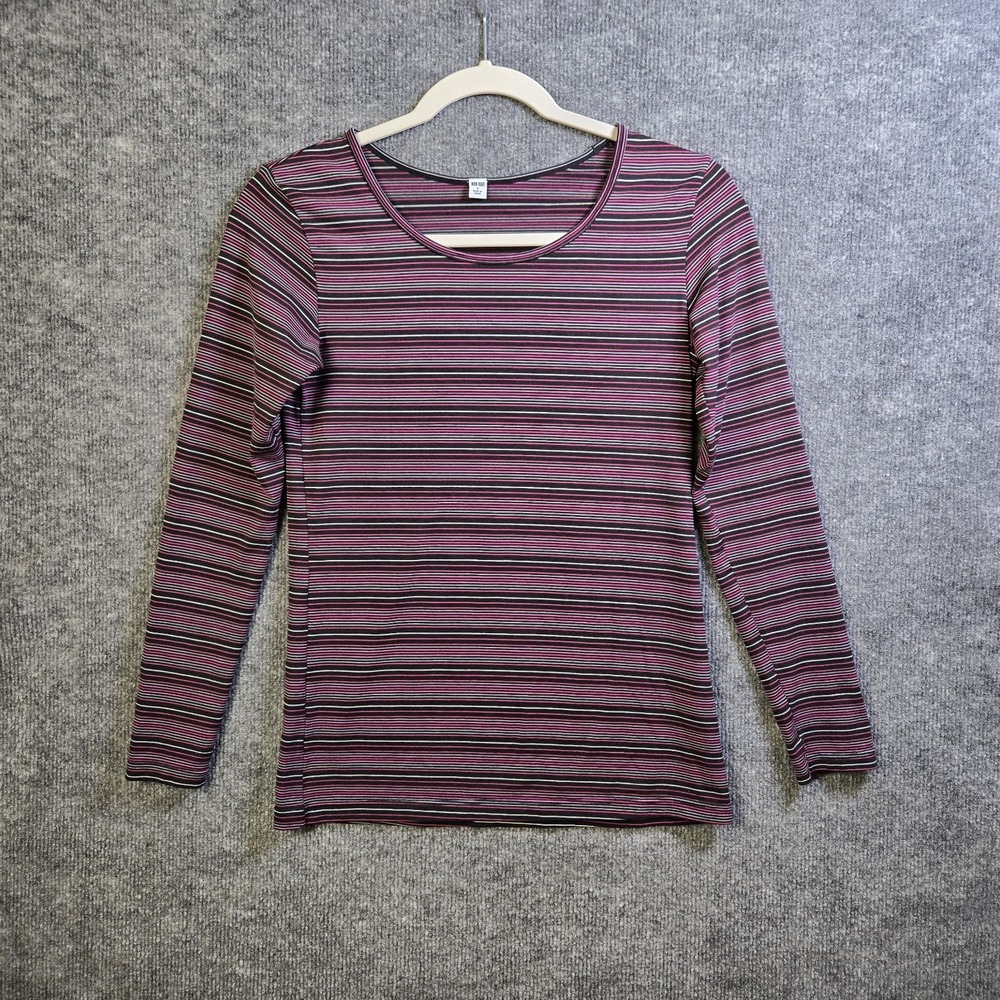 Uniqlo T Shirt Womens S Purple Micro Stripe Heat Tech Long Sleeve Casual Basic